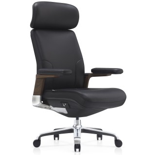 Sillón de Oficina SOPRANO, Inserciones Madera, Piel Natural, Negro