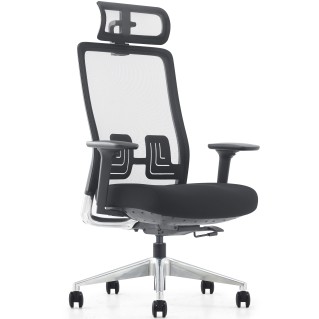 Silla ergonómica EVORA, reposacabezas, detalles en aluminio, en malla color negro