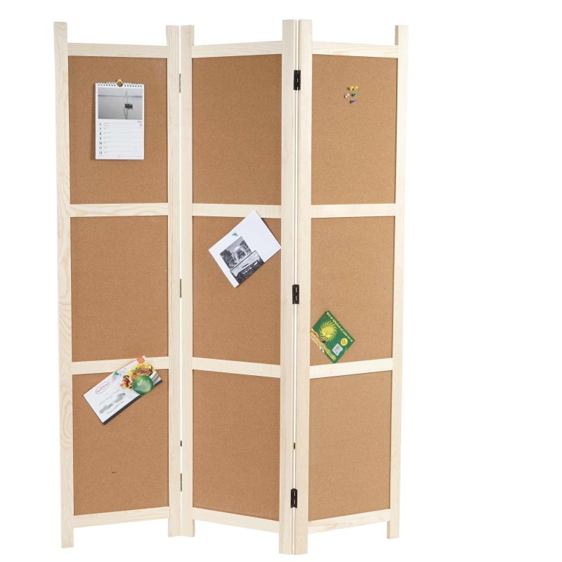 Biombo ALRIK, 166x120x2cm, con paneles de corcho, muy funcional, acabado en madera natural