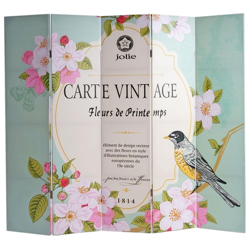 Biombo VINTAGE PAJAROS, 180x200x2,5cm, estructura de madera con tapizado de tela en poliester