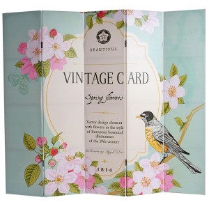 Biombo VINTAGE PAJAROS, 180x200x2,5cm, estructura de madera con tapizado de tela en poliester