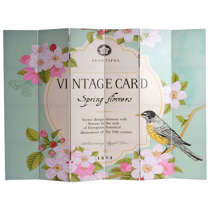 Biombo VINTAGE PAJAROS, 180x240x2,5cm, estructura de madera con tapizado de tela en poliester