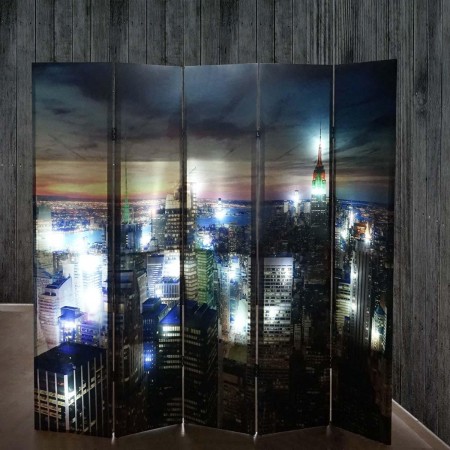 Biombo LED CITY, 180x200x2,5cm, estructura de madera de haya con tapizado de tela impresa