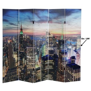 Biombo LED CITY, 180x200x2,5cm, estructura de madera de haya con tapizado de tela impresa