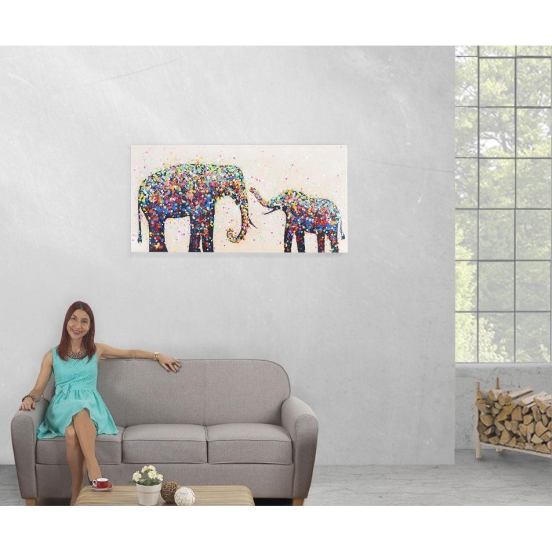 Cuadro ELEFANTES CONFETI 60x120x3,5 cm, pintado a mano al óleo