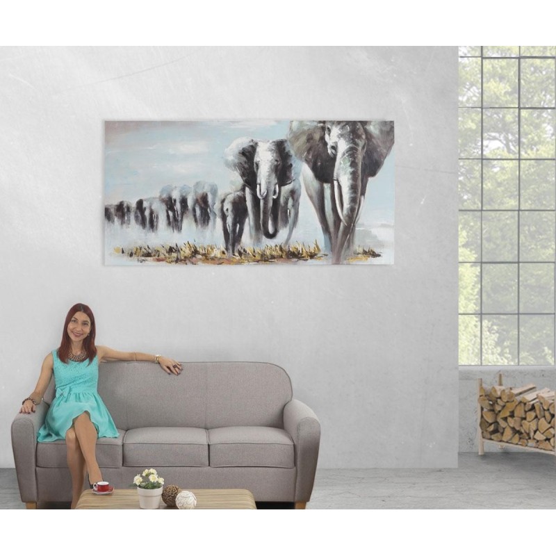 Cuadro ELEFANTES EN MANADA 100x80x3,5 cm, pintado a mano al óleo