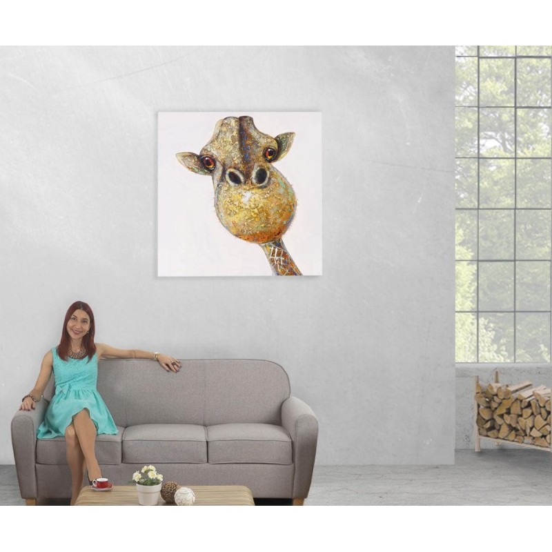 Cuadro JIRAFA COLOR 90x90x3,5 cm, pintado a mano al óleo