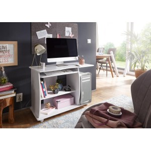 Mesa de Ordenador DUKE, bandeja para teclado y ruedas, en blanco