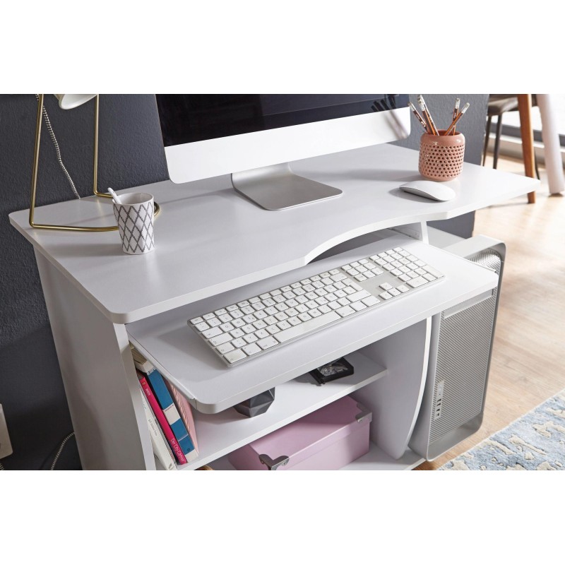 Mesa de Ordenador DUKE, bandeja para teclado y ruedas, en blanco