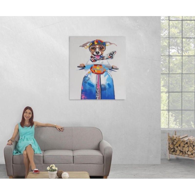 Cuadro PERRO MOTORISTA 100x90x3,5 cm, pintado a mano al óleo