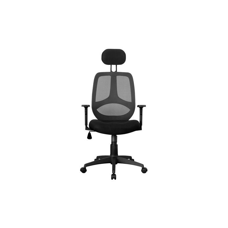 Silla ergonómica DRAKE con cabecero y reposabrazos regulables, tapizada en malla transpirable, color negro