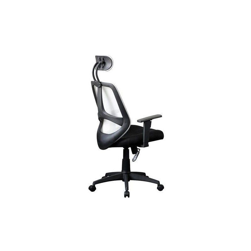 Silla ergonómica DRAKE con cabecero y reposabrazos regulables, tapizada en malla transpirable, color negro