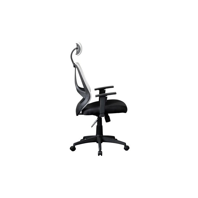 Silla ergonómica DRAKE con cabecero y reposabrazos regulables, tapizada en malla transpirable, color negro