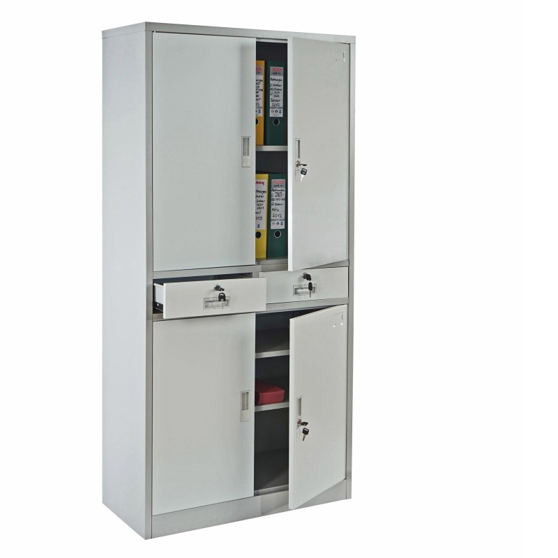 Armario archivador metálico EDIT de 180x85x40. 4 puertas batientes y 2 cajones, gran capacidad de almacenaje y máxima robustez, 