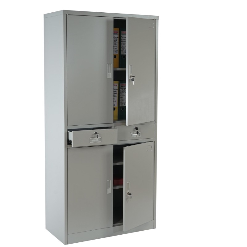 Armario archivador metálico EDIT de 180x85x40. 4 puertas batientes y 2 cajones, gran capacidad de almacenaje y máxima robustez, 