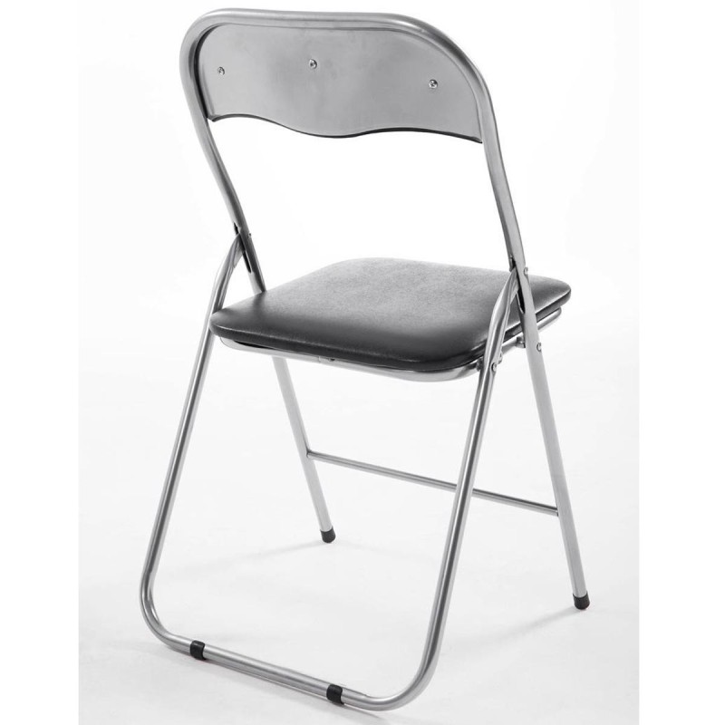 Silla Plegable VINSON. Muy práctica y funcional con estructura metálica gris y tapizada en piel color negro