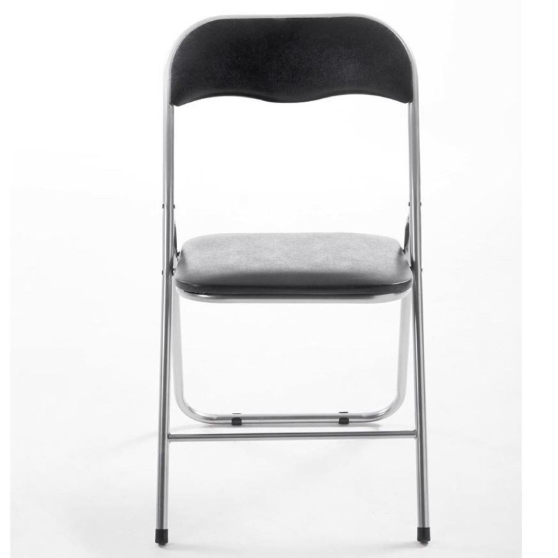 Silla Plegable VINSON. Muy práctica y funcional con estructura metálica gris y tapizada en piel color negro