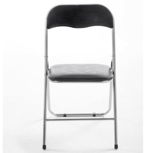Silla Plegable VINSON. Muy práctica y funcional con estructura metálica gris y tapizada en piel color negro