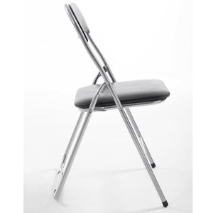 Silla Plegable VINSON. Muy práctica y funcional con estructura metálica gris y tapizada en piel color negro