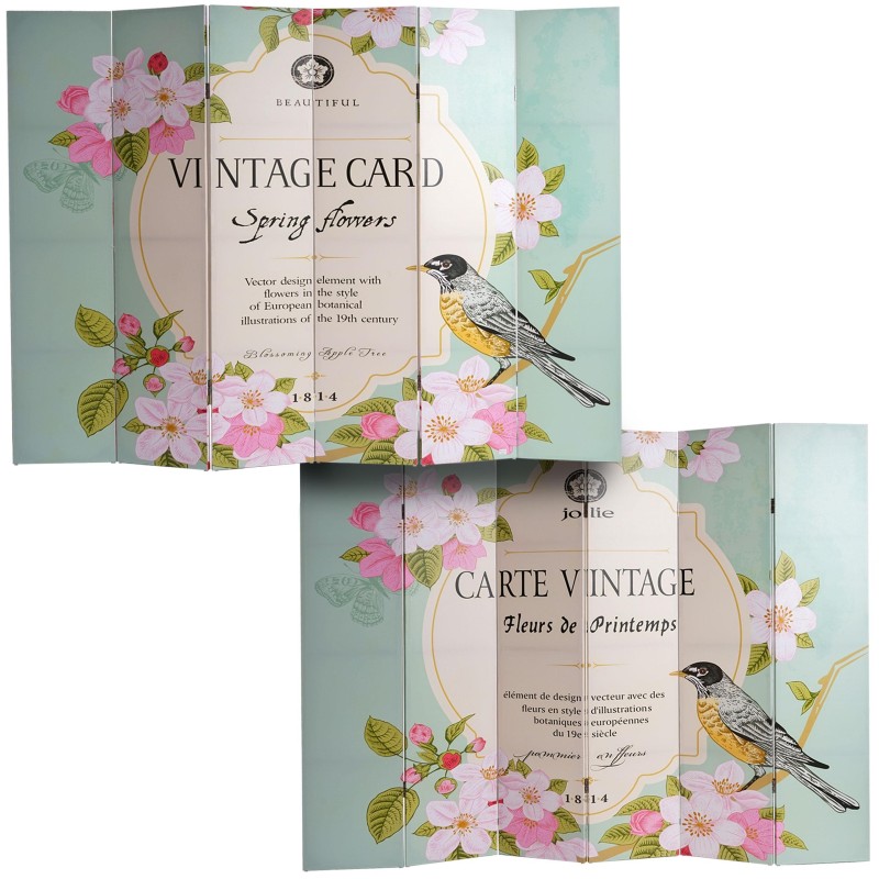 Biombo VINTAGE PAJAROS, 180x240x2,5cm, estructura de madera con tapizado de tela en poliester