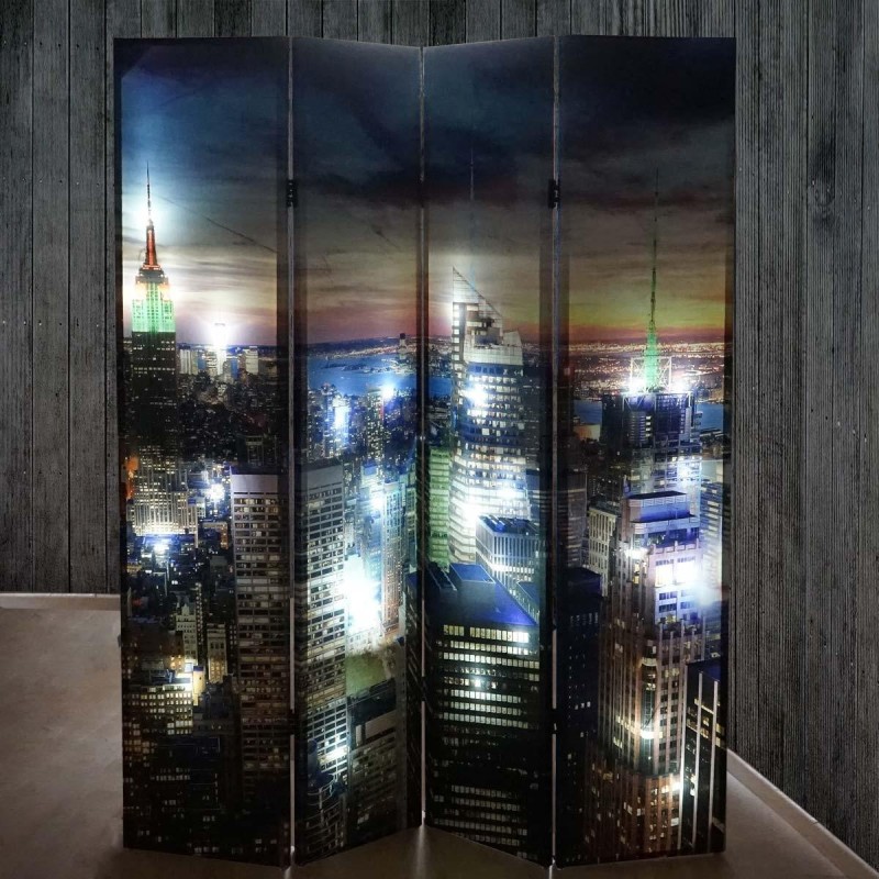 Biombo LED CITY, 180x160x2,5cm, estructura de madera de haya con tapizado de tela impresa