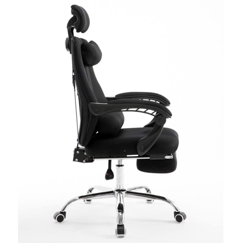 Silla de oficina ANTARES, reclinable en varias posiciones y con reposapiés extensible en malla transpirable color negro