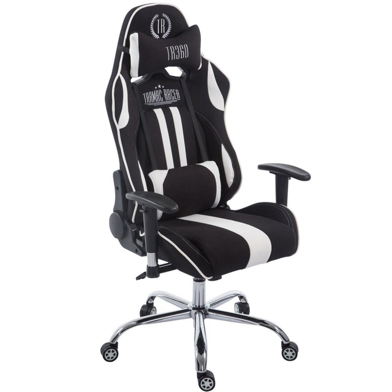 Silla gaming LOGAN TELA, reclinable, con cojines, en color negro/blanco