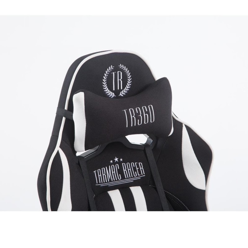 Silla gaming LOGAN TELA, reclinable, con cojines, en color negro/blanco