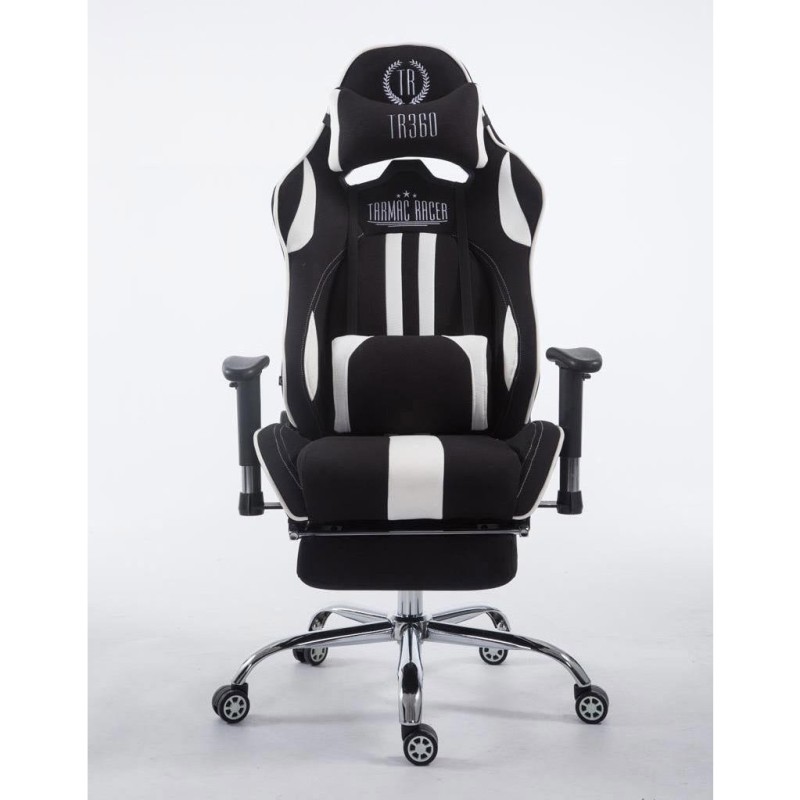 Silla gaming LOGAN TELA con reposapiés, reclinable, con cojines, en color negro/blanco