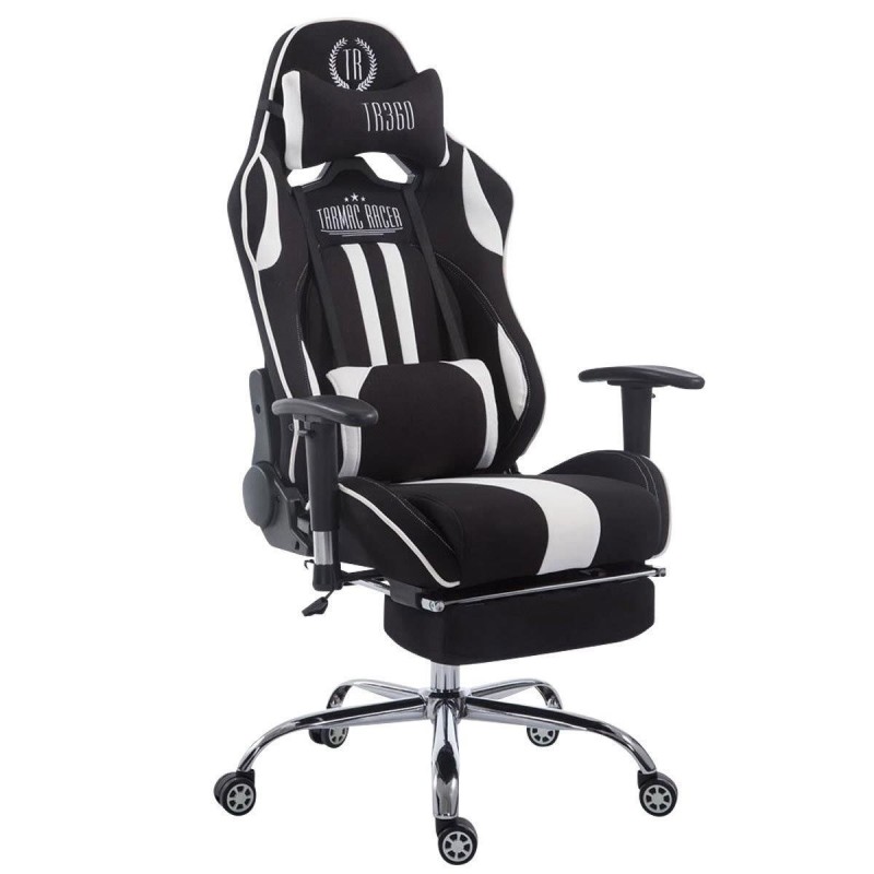 Silla gaming LOGAN TELA con reposapiés, reclinable, con cojines, en color negro/blanco