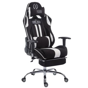 Silla gaming LOGAN TELA con reposapiés, reclinable, con cojines, en color negro/blanco