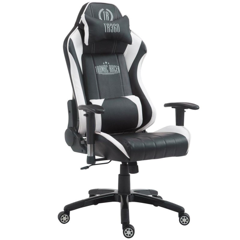 Silla gaming TURBO, reclinable, con cojines, en piel color negro/blanco