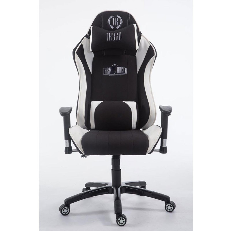 Silla gaming TURBO TELA, reclinable, con cojines, en color negro/blanco