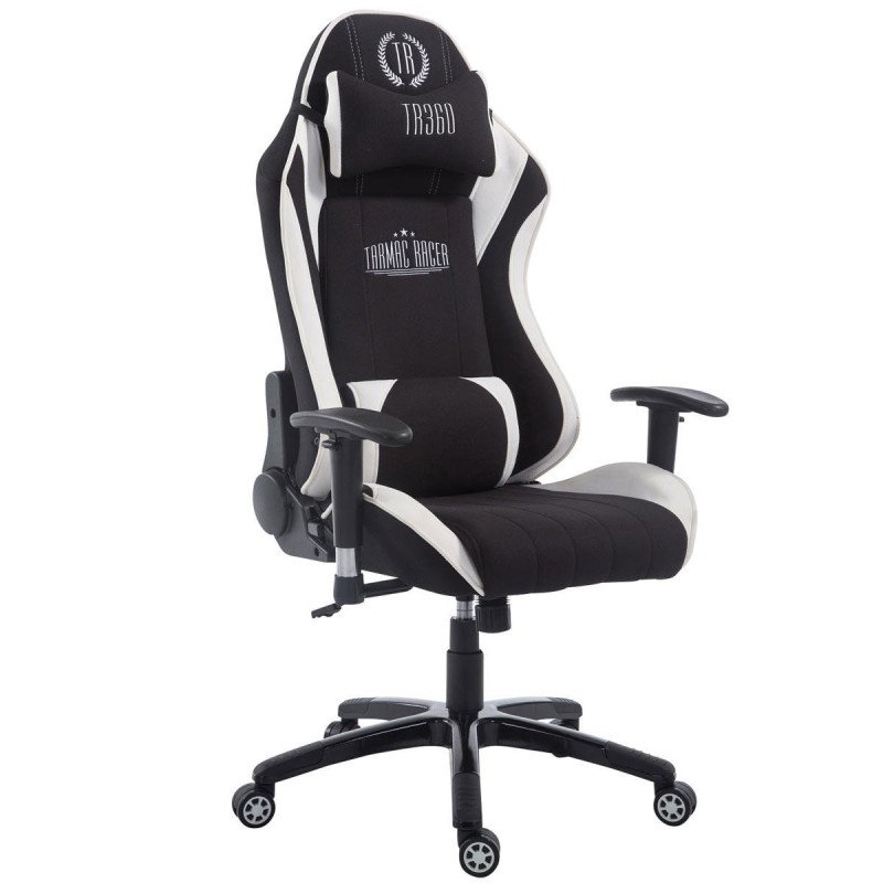 Silla gaming TURBO TELA, reclinable, con cojines, en color negro/blanco