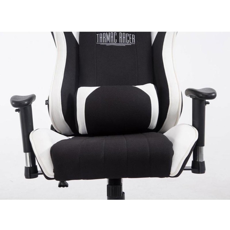 Silla gaming TURBO TELA, reclinable, con cojines, en color negro/blanco