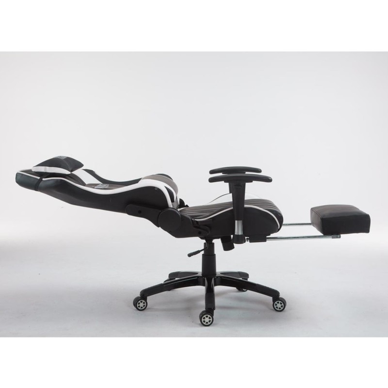 Silla gaming TURBO con reposapiés, reclinable, con cojines, en piel color negro/blanco