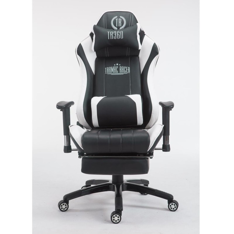 Silla gaming TURBO con reposapiés, reclinable, con cojines, en piel color negro/blanco
