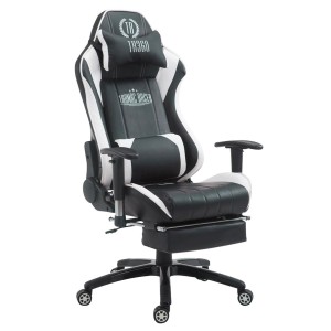Silla gaming TURBO con reposapiés, reclinable, con cojines, en piel color negro/blanco