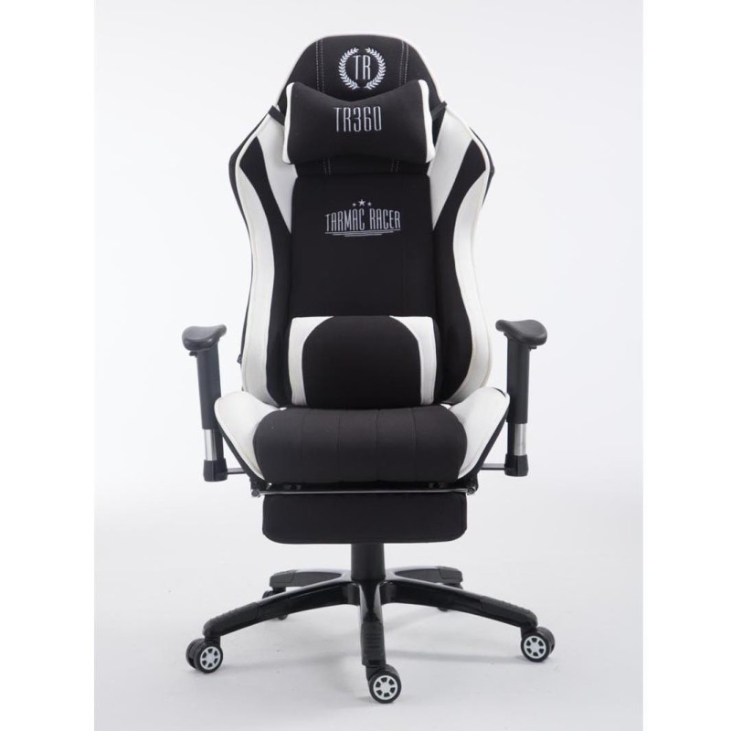 Silla gaming TURBO TELA con reposapiés, reclinable, con cojines, en color negro/blanco