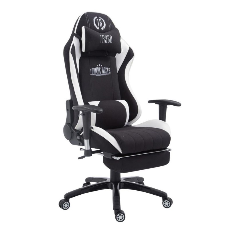 Silla gaming TURBO TELA con reposapiés, reclinable, con cojines, en color negro/blanco
