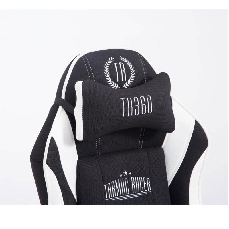 Silla gaming TURBO TELA con reposapiés, reclinable, con cojines, en color negro/blanco