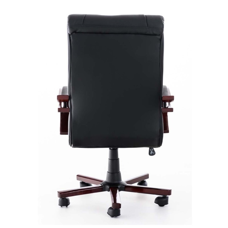 Sillón de oficina MADOR, reposabrazos y base en madera, gran acolchado en piel  negra