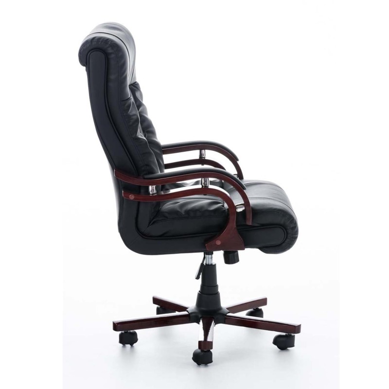 Sillón de oficina MADOR, reposabrazos y base en madera, gran acolchado en piel  negra