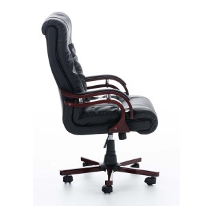 Sillón de oficina MADOR, reposabrazos y base en madera, gran acolchado en piel  negra