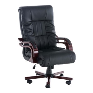 Sillón de oficina MADOR, reposabrazos y base en madera, gran acolchado en piel  negra