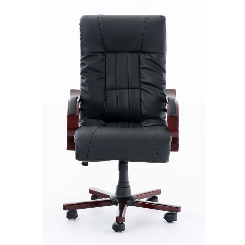 Sillón de oficina MADOR, reposabrazos y base en madera, gran acolchado en piel  negra