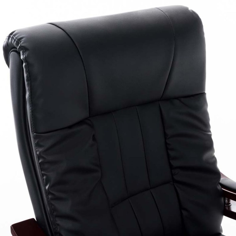 Sillón de oficina MADOR, reposabrazos y base en madera, gran acolchado en piel  negra