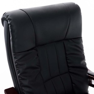 Sillón de oficina MADOR, reposabrazos y base en madera, gran acolchado en piel  negra