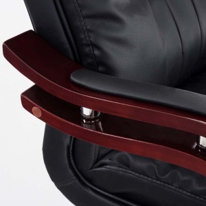 Sillón de oficina MADOR, reposabrazos y base en madera, gran acolchado en piel  negra