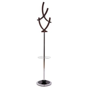 Perchero de diseño en metal y madera oscura con paraguero